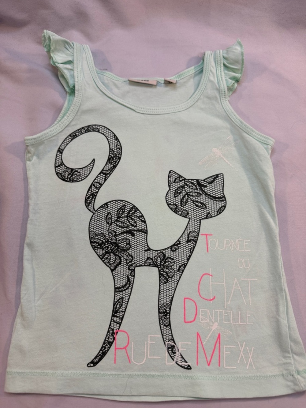 Mexx Mint Green Tank Top with Black Lace Cat Graphic and Pink Accents